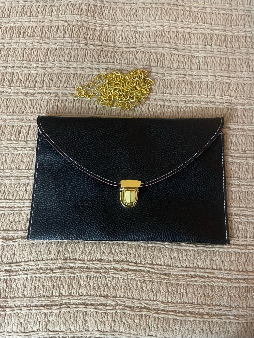 Black Leather Envelope Crossbody Clutch with Gold Chain
